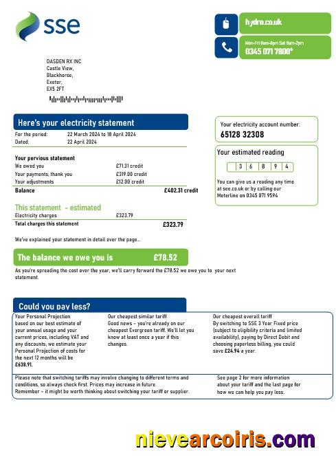 United Kingdom SSE Energy business utility bill, version 3